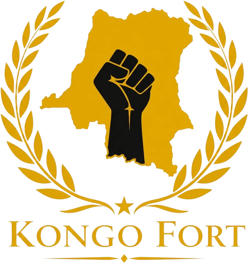 Emblème de l'hymne ACF : carte jaune de la RDC, poing levé et mention « Kongo fort »