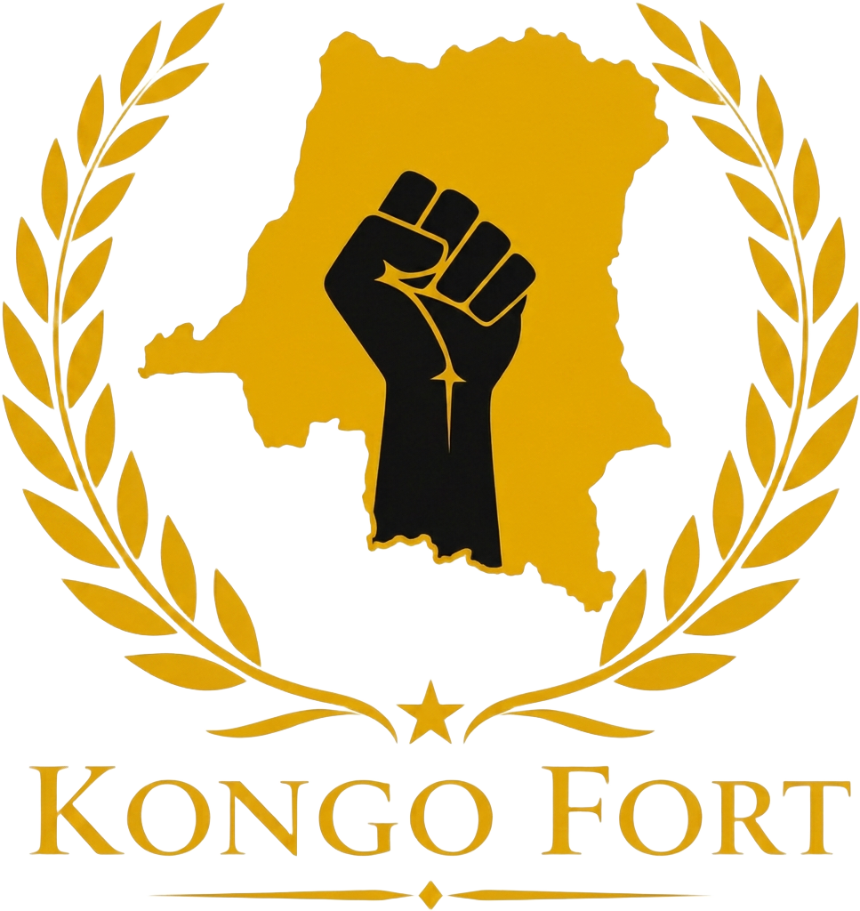 Emblème de l'hymne ACF : carte jaune de la RDC, poing levé et mention « Kongo fort »