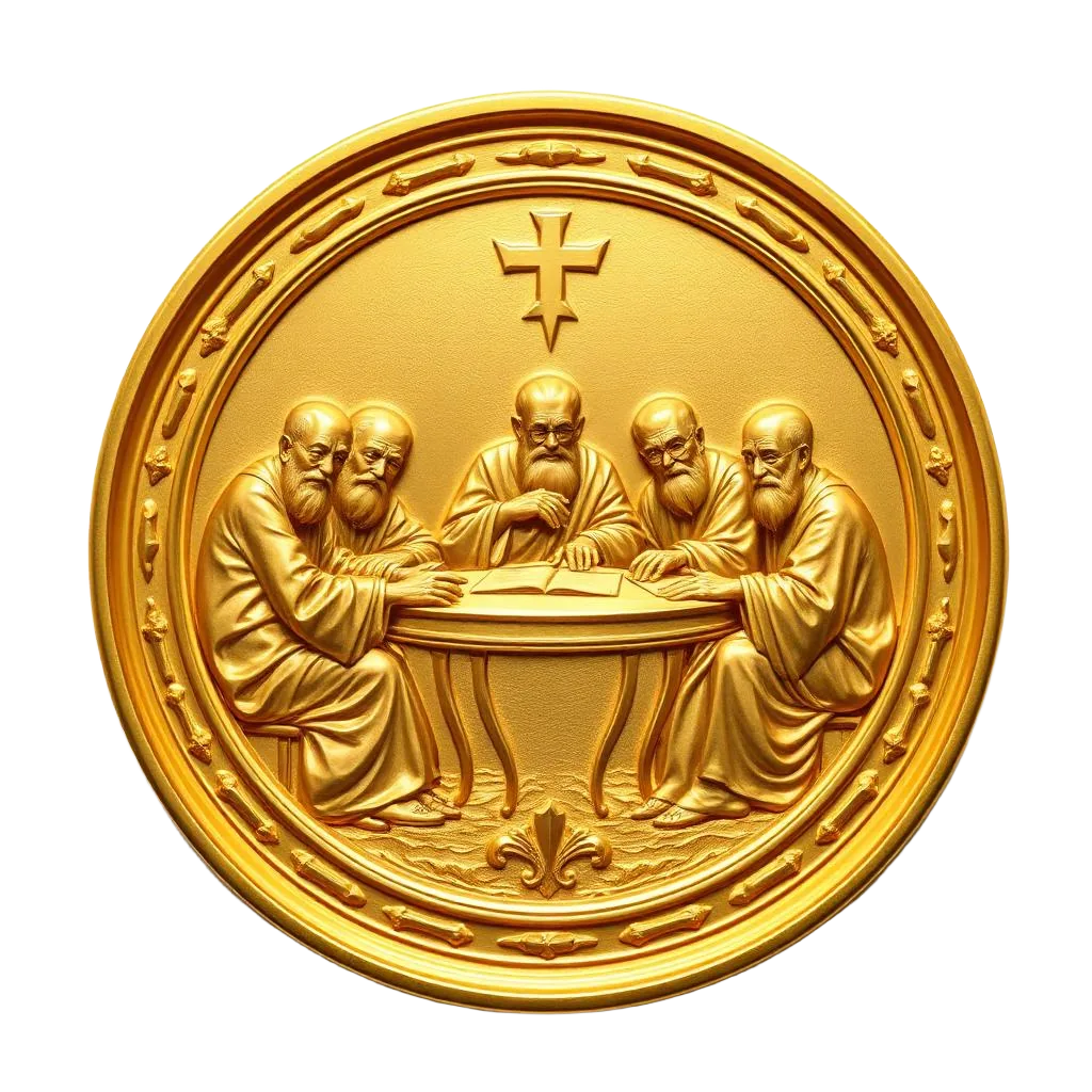 Illustration dorée d'un collège de fondateurs autour d'une table